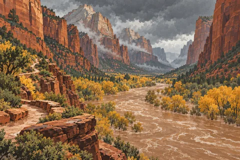 Narrow valley between towering red cliffs, with a swollen brown river, yellow trees, and low clouds beneath a stormy sky
