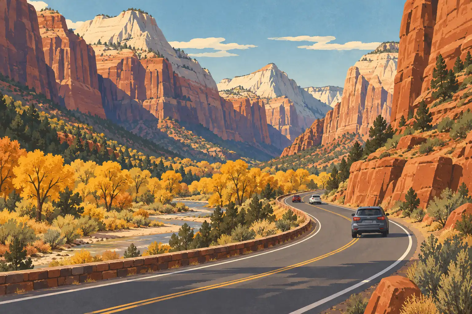 Winding road through a red-cliff canyon, lined with golden autumn trees and several cars heading into the valley