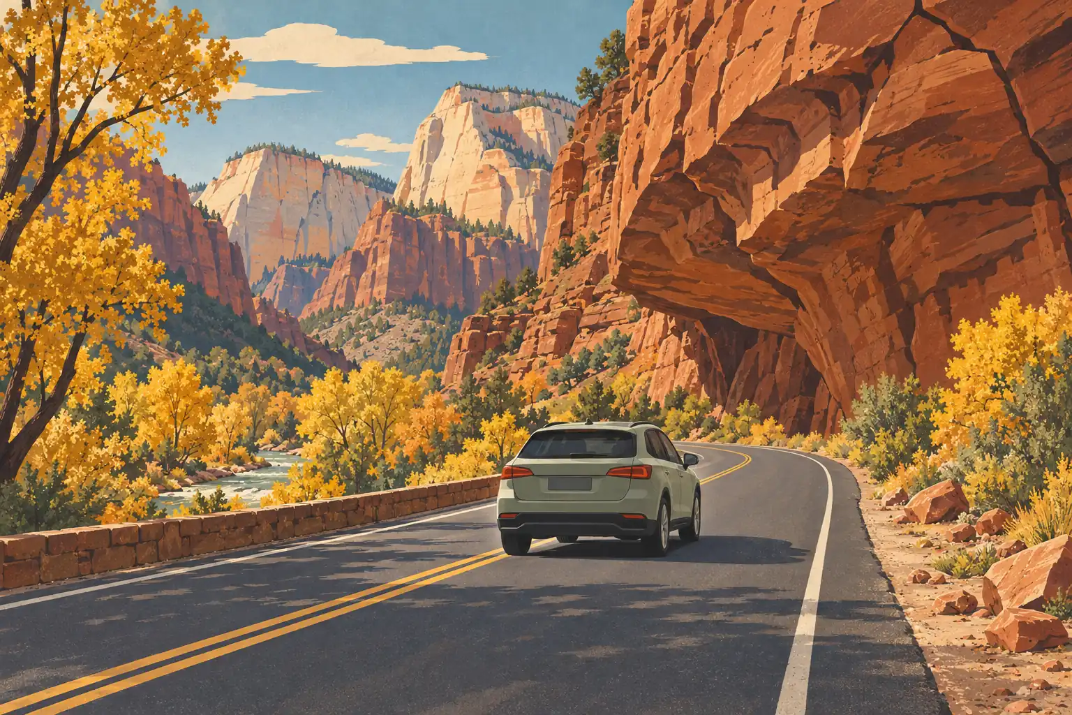 A car travels along a winding road between red cliffs, a river and trees covered in golden autumn foliage