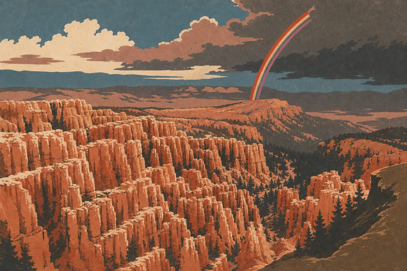 Illustration sérigraphiée : Panorama depuis Inspiration Point sur les hoodoos serrés et les gradins orangés du Bryce Amphitheater.