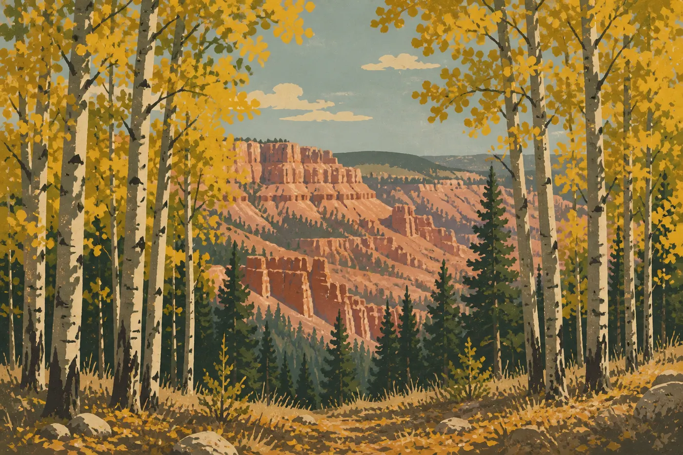 Screen-printed illustration: Golden fall aspens framing the pink cliffs and pines of the Paunsaugunt Plateau