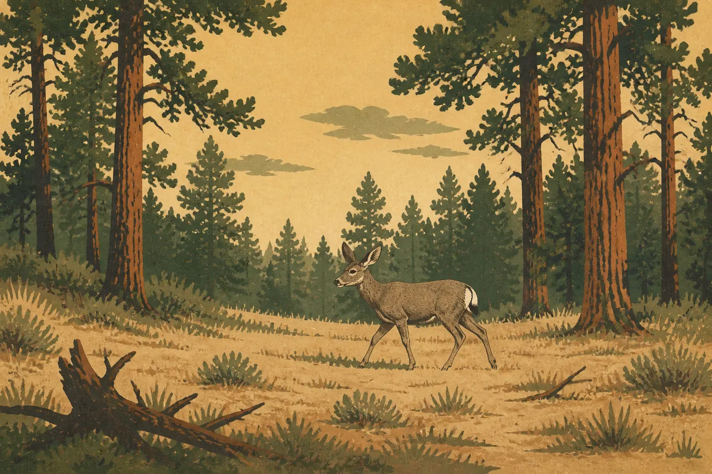 Screen-printed illustration: Mule deer crossing a ponderosa pine clearing on the Bryce Canyon plateau.
