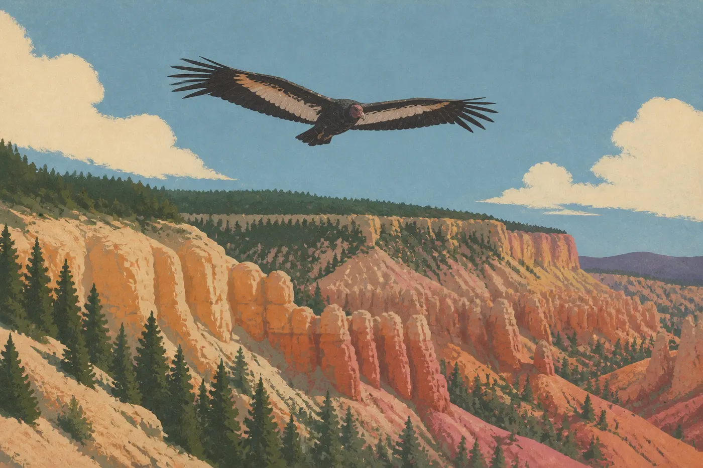 Screen-printed illustration: California condor soaring above the cliffs and hoodoos of the Paunsaugunt Plateau.