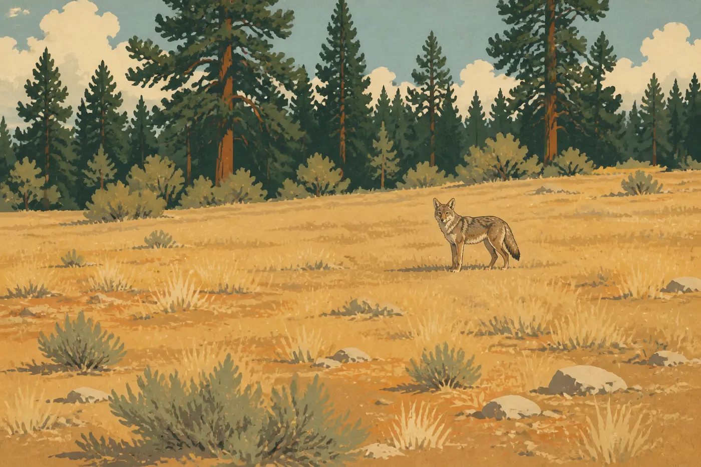 Screen-printed illustration: Coyote standing in a dry meadow bordered by pines at Bryce Canyon.
