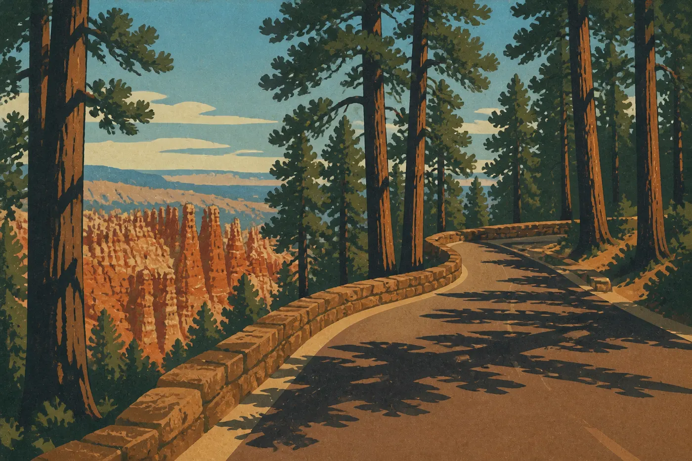 Illustration sérigraphiée : Panneau d'entrée de Bryce Canyon National Park bordant la route au milieu des pins.