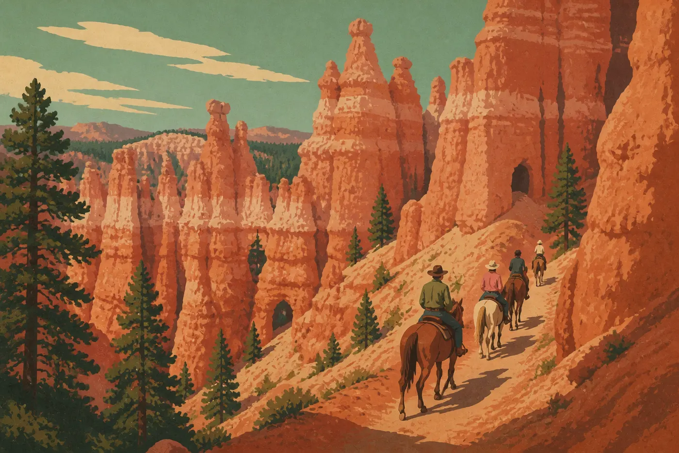 Illustration sérigraphiée : Cavaliers suivant le sentier équestre parmi les hoodoos et pins du Peekaboo Loop.