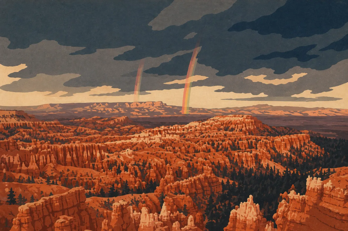 Screen-printed illustration: Bryce Amphitheater in summer light, with orange hoodoos, green pines, and blue sky.
