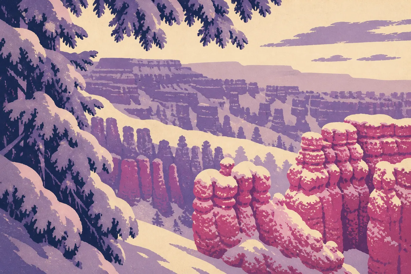 Illustration sérigraphiée : Hoodoos isolés et crêtes roses observés depuis Fairyland Point au nord du parc.