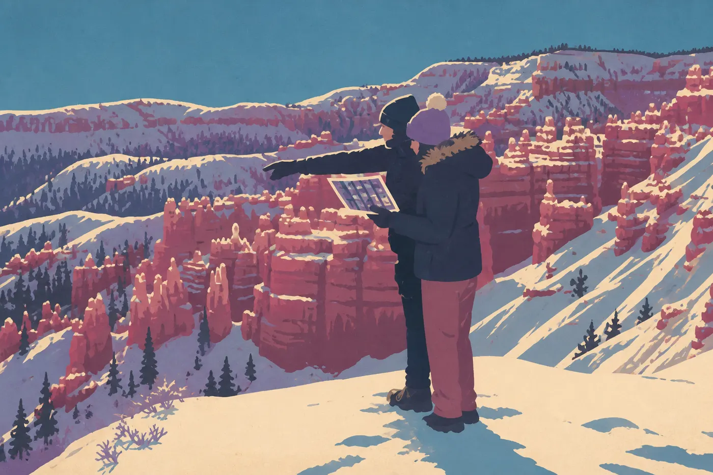 Illustration sérigraphiée : Hoodoos cramoisis du Bryce Amphitheater couverts de neige fraîche sous un ciel bleu intense.