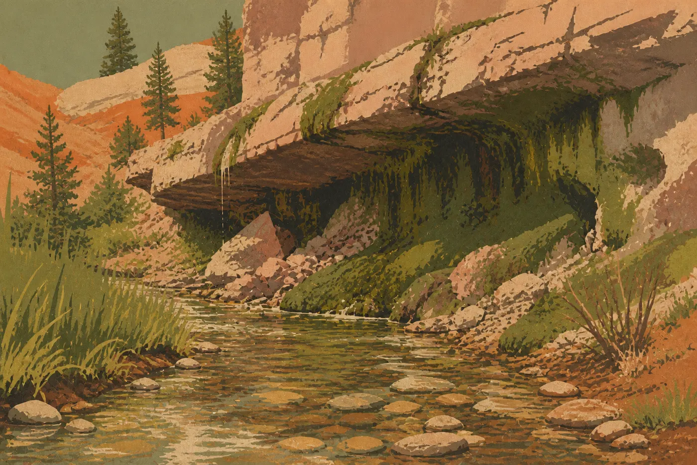 Illustration sérigraphiée : Ruisseau et alcôve moussue au bout du Mossy Cave Trail sous les falaises roses.