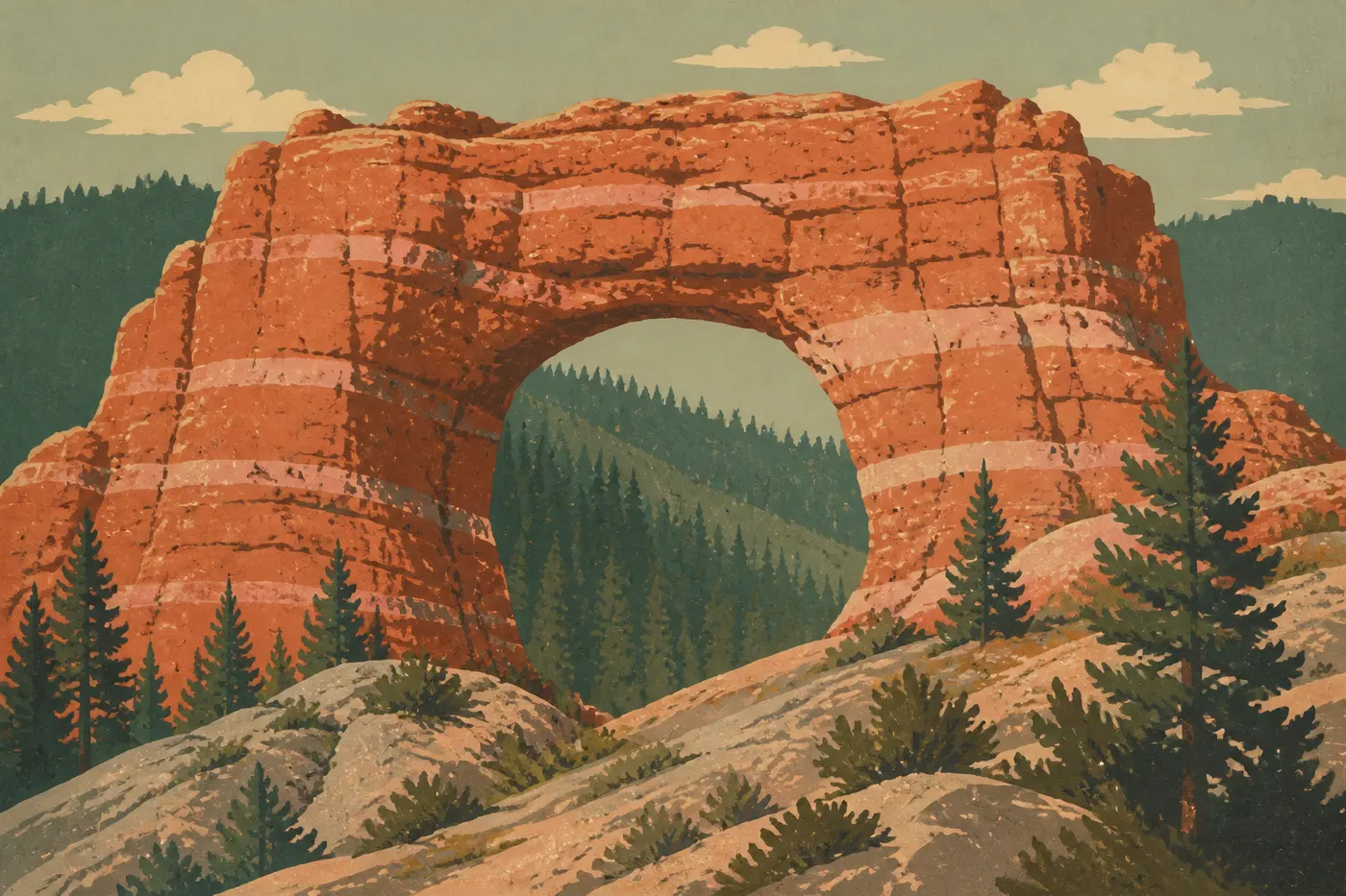 Illustration sérigraphiée : Grande arche orangée de Natural Bridge ouverte dans la falaise au-dessus de la forêt.