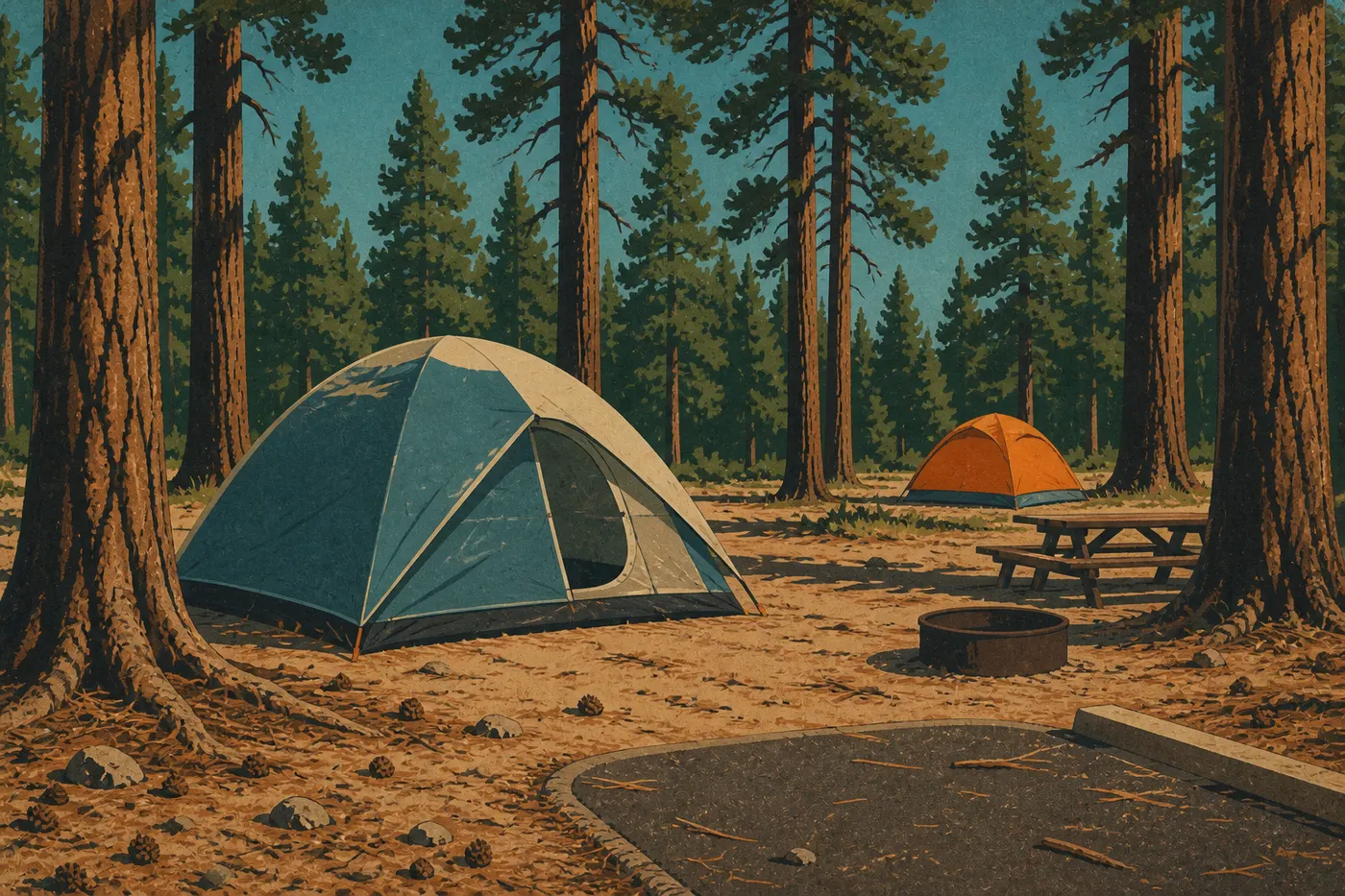 Illustration sérigraphiée : Tentes installées sous les pins ponderosa dans les emplacements boisés du North Campground.