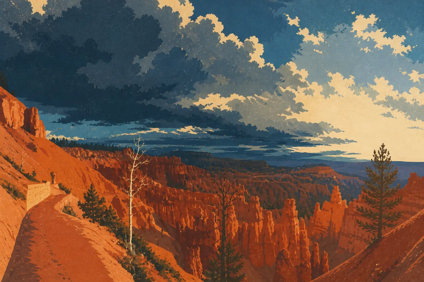 Illustration sérigraphiée : Nuages d'orage spectaculaires dominant les hoodoos orangés du Bryce Amphitheater depuis le rebord.