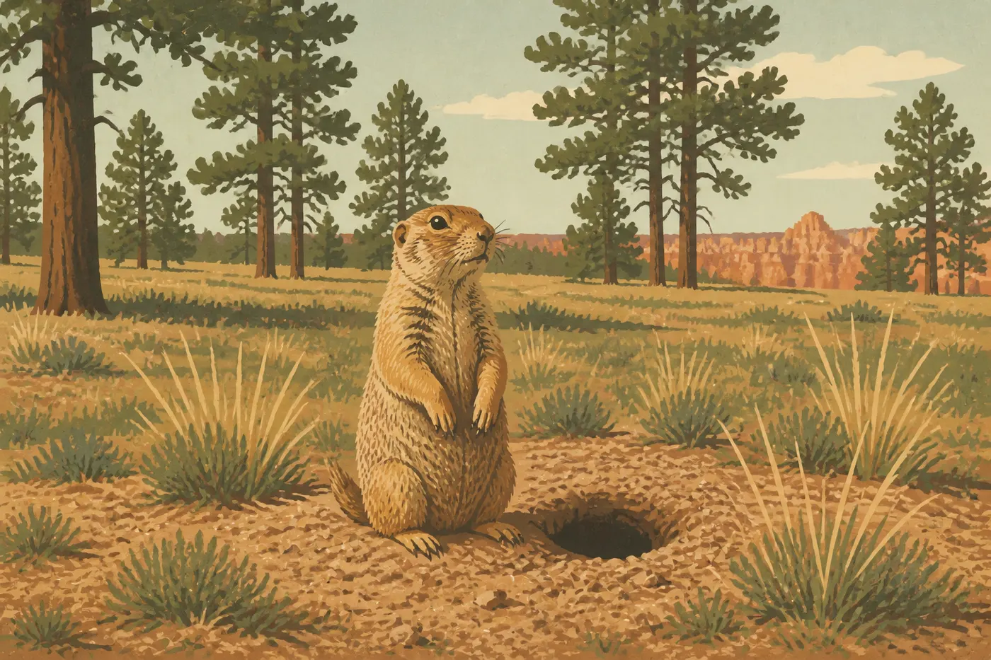 Illustration sérigraphiée : Chien de prairie d'Utah dressé près de son terrier dans une prairie du plateau.