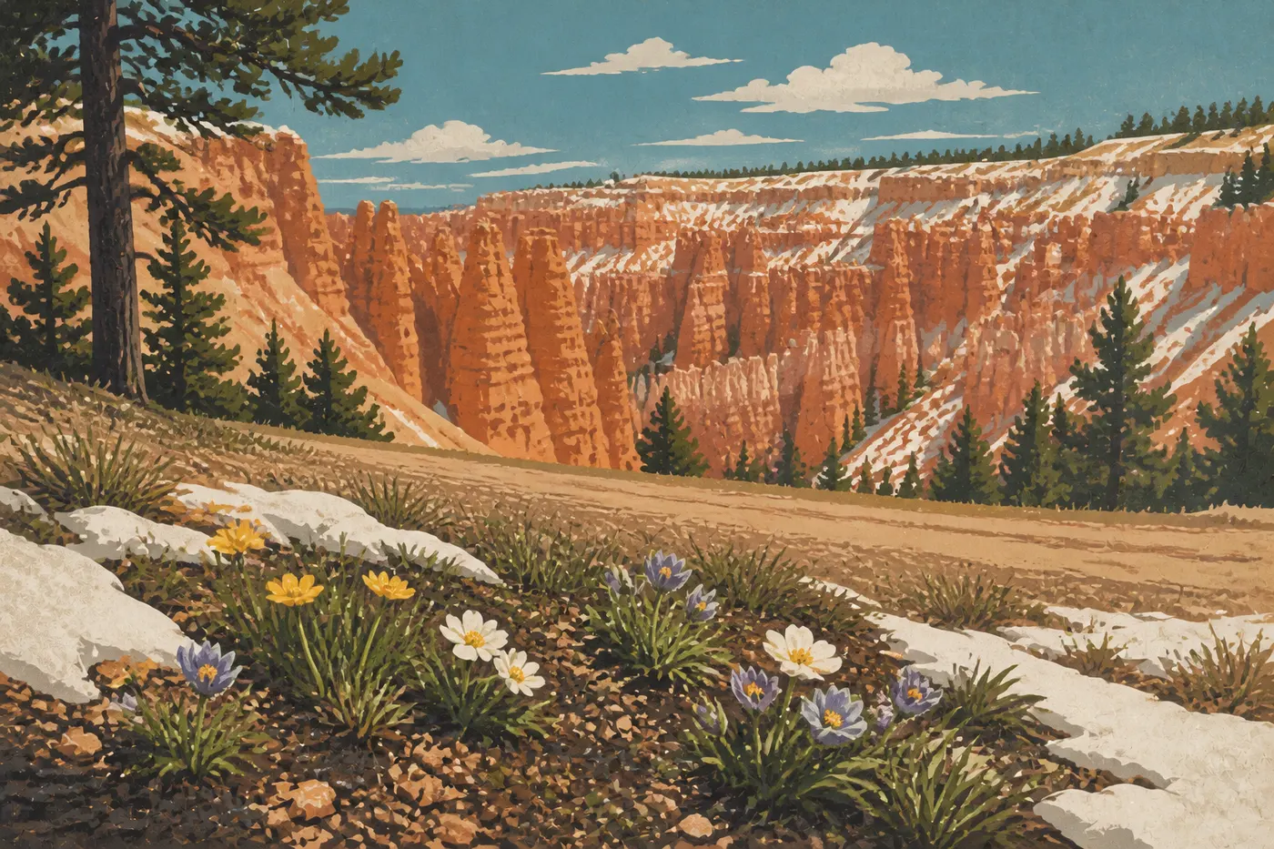 Screen-printed illustration: Spring wildflowers lining the Rim Trail before hoodoos still speckled with snow.