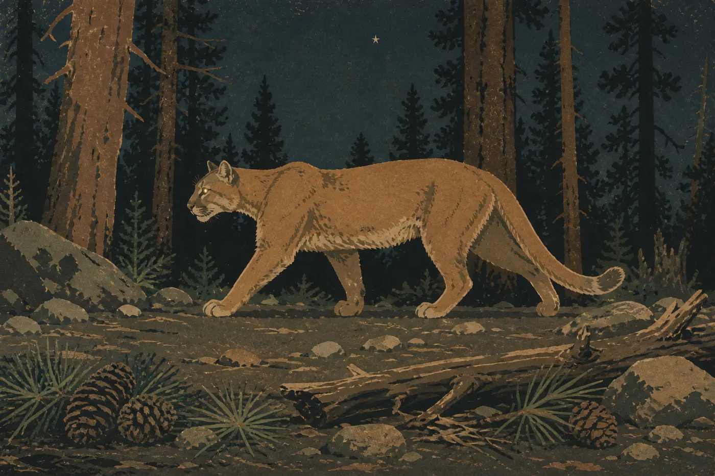 Screen-printed illustration: Cougar photographed by a motion-activated camera in the Bryce Canyon plateau forest.