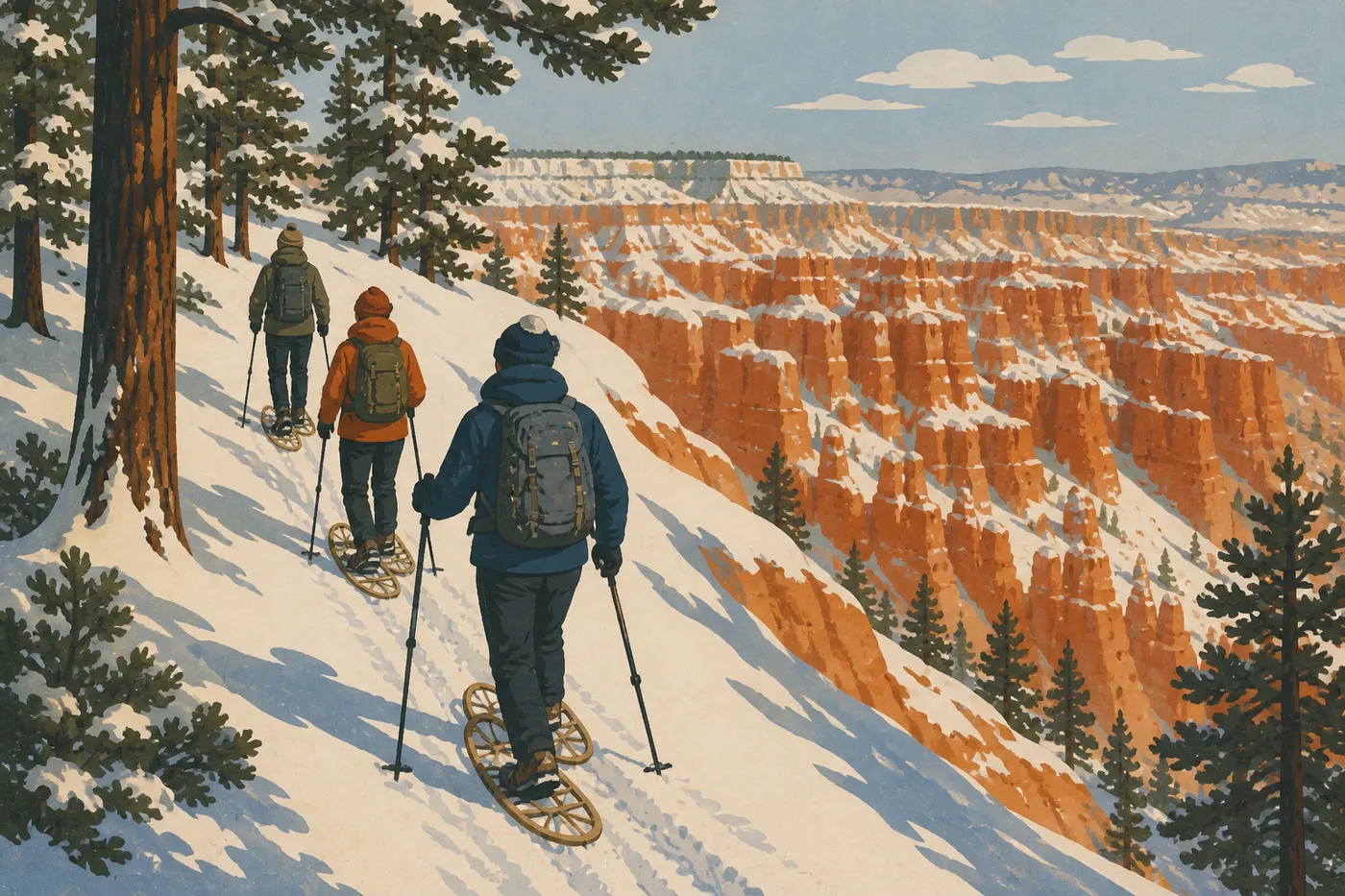 Illustration sérigraphiée : Visiteurs en raquettes avançant sur le Rim Trail enneigé au-dessus de l'amphithéâtre.