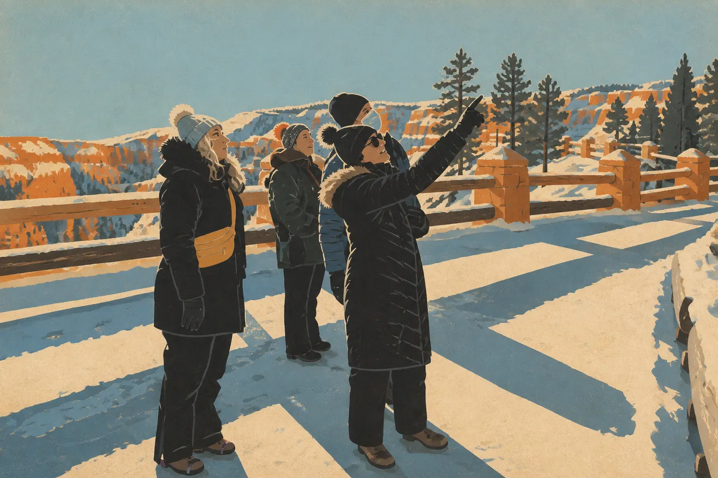 Illustration sérigraphiée : Famille marchant sur la section pavée du Rim Trail entre Sunset Point et Sunrise Point.