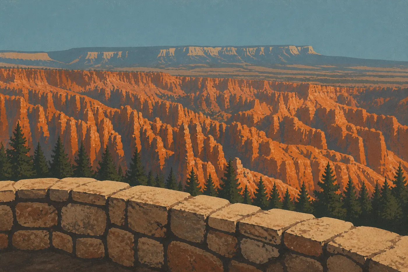 Illustration sérigraphiée : Route panoramique traversant la forêt vers Rainbow Point, avec les falaises roses du plateau.