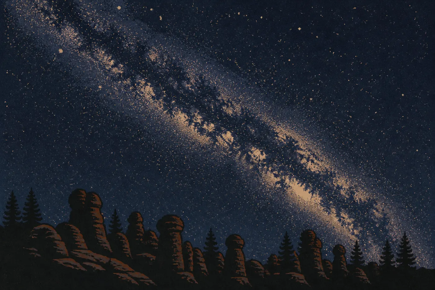 Illustration sérigraphiée : Voie lactée arquée au-dessus des hoodoos sombres près du Mossy Cave Trail.