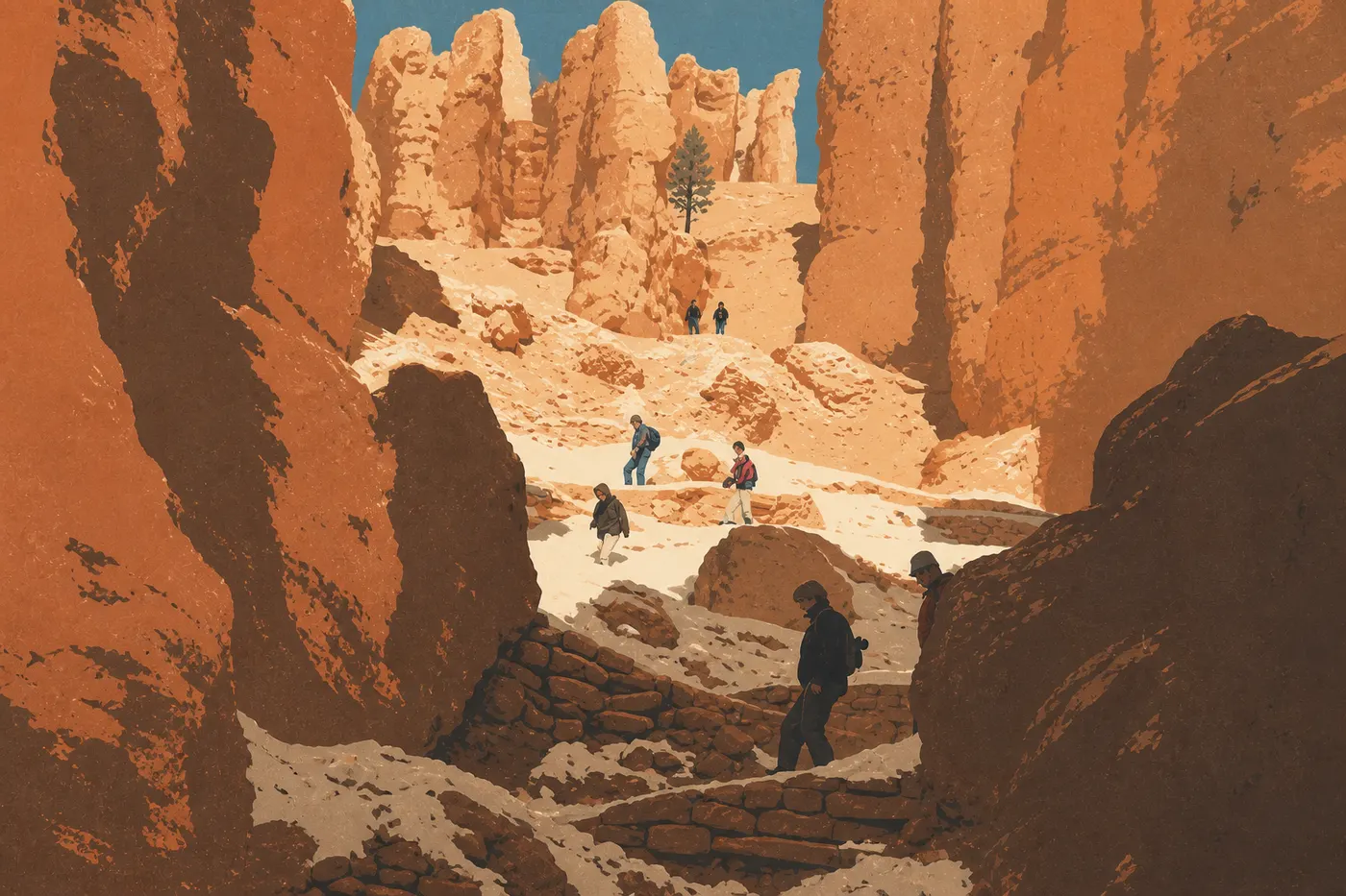 Illustration sérigraphiée : Randonneurs descendant les lacets du Navajo Loop entre les hautes parois de Wall Street.