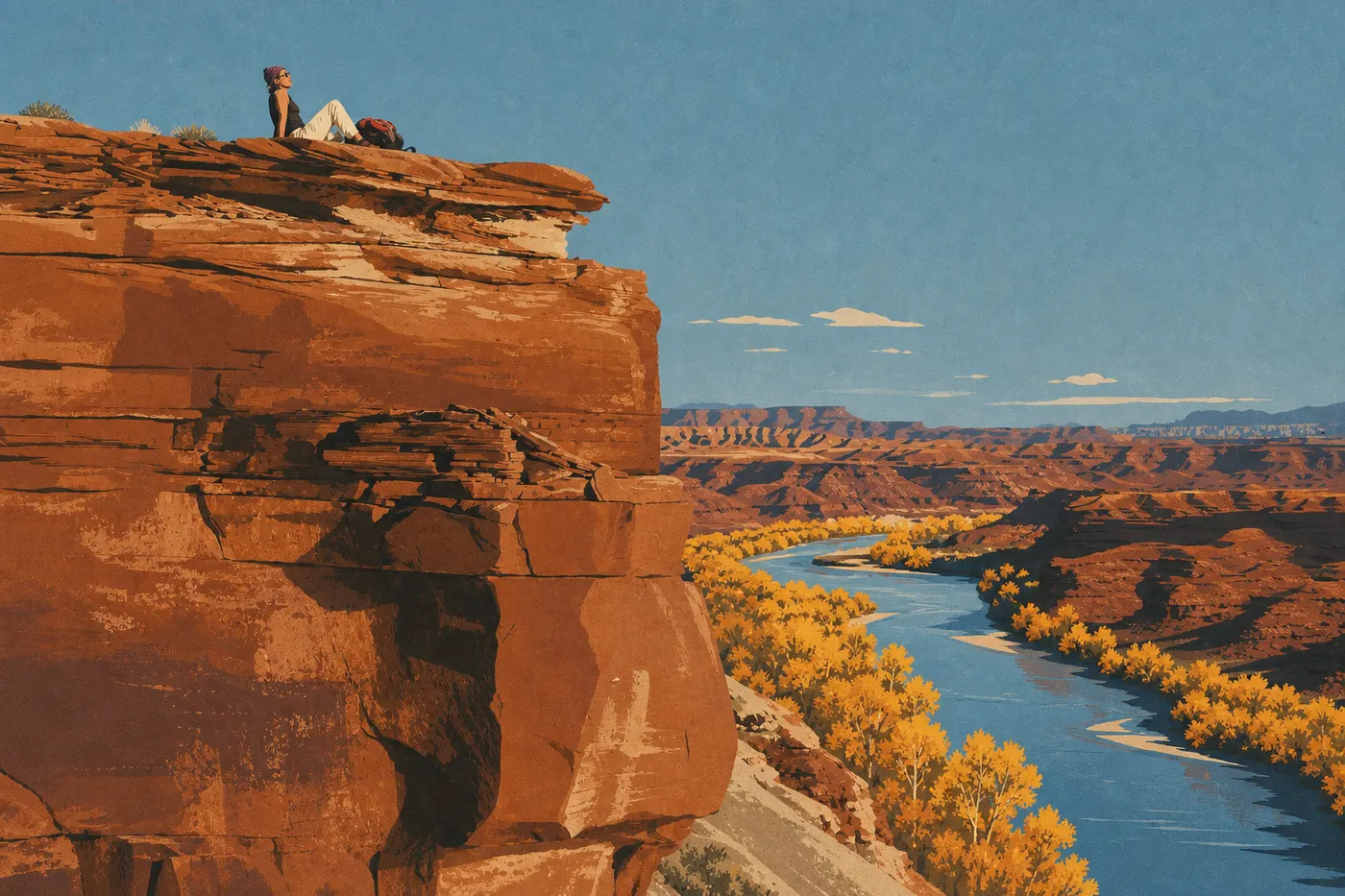 Screen-printed illustration: Golden cottonwoods line the Green River below Canyonlands' red cliffs in fall.