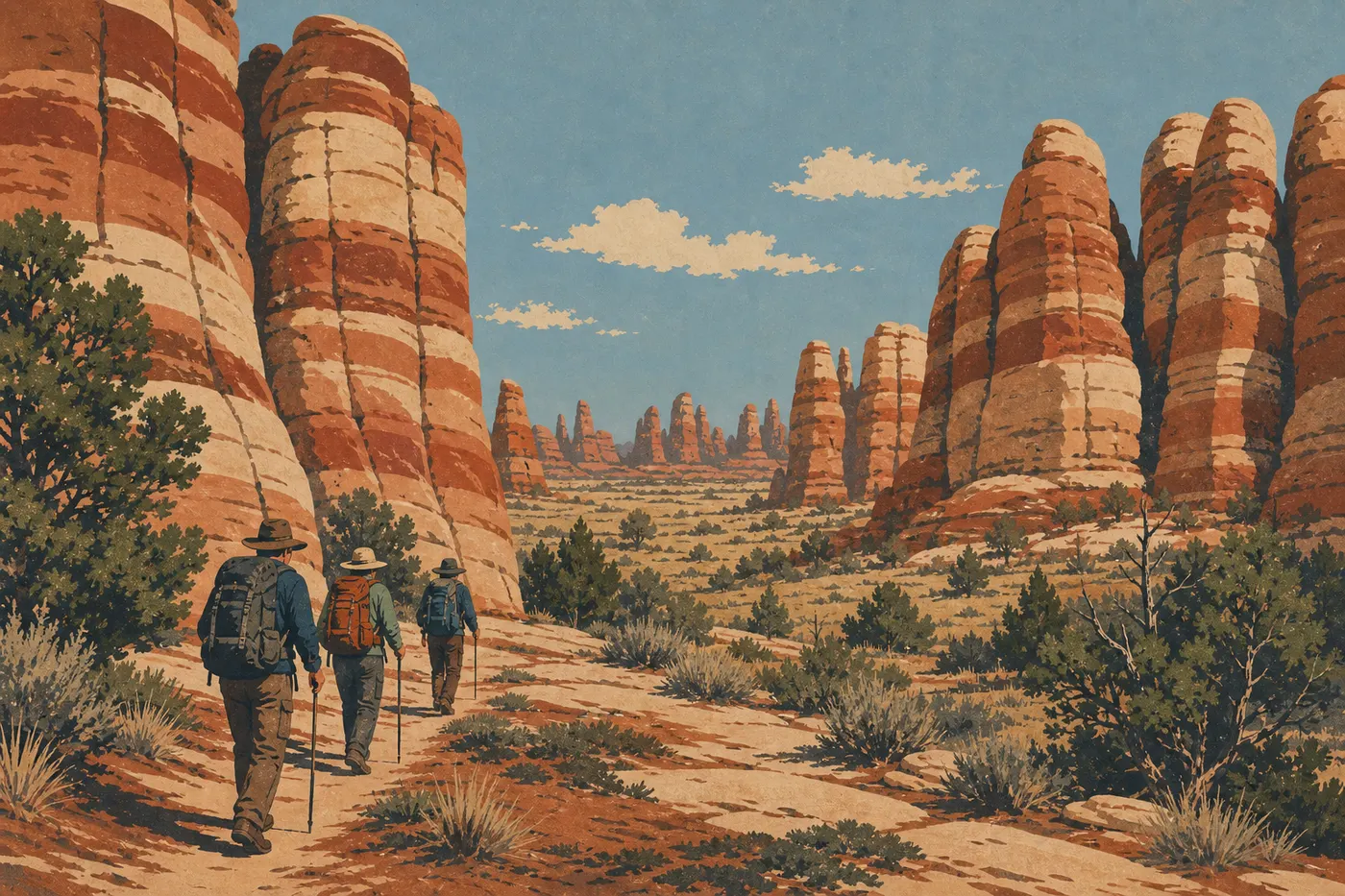 Illustration sérigraphiée : Des randonneurs suivent le sentier de Chesler Park entre les aiguilles rayées de grès du district Needles.