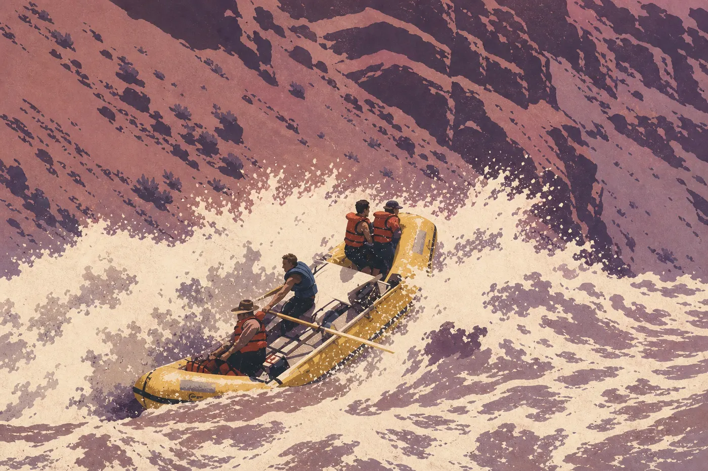 Illustration sérigraphiée : Un radeau descend les eaux brunes du Colorado entre les hautes parois rouges de Cataract Canyon.