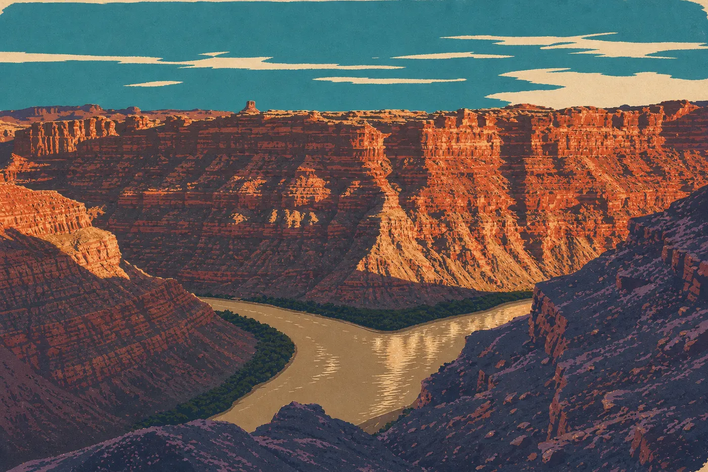 Illustration sérigraphiée : Le belvédère de Confluence Overlook révèle la rencontre spectaculaire de la Green River et du Colorado.
