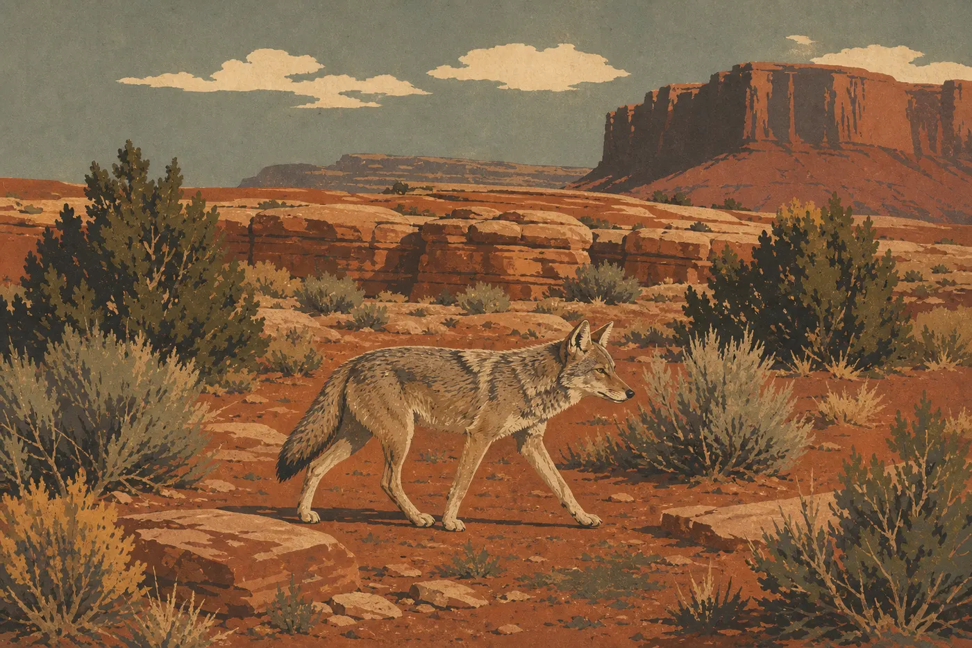 Illustration sérigraphiée : Un coyote marche parmi les armoises et les rochers rouges du désert de Canyonlands.