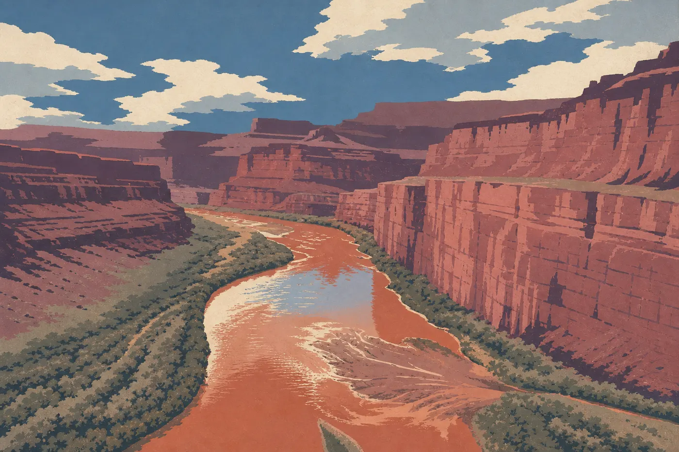 Illustration sérigraphiée : Le Colorado dessine son grand méandre sous le belvédère de Dead Horse Point State Park.