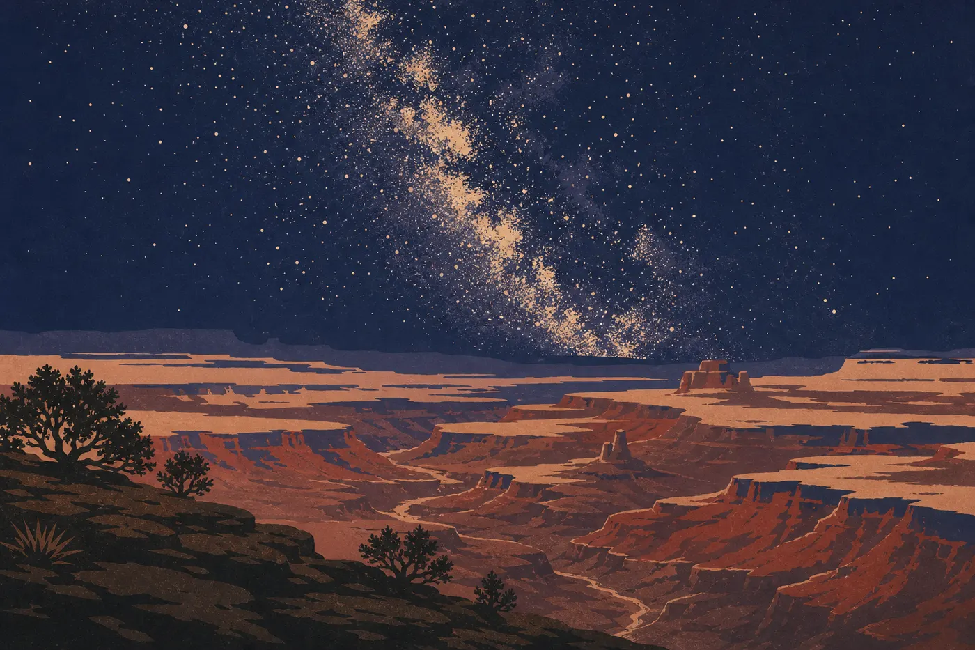 Illustration sérigraphiée : La Voie lactée domine les falaises et canyons étagés visibles depuis Grand View Point au crépuscule.