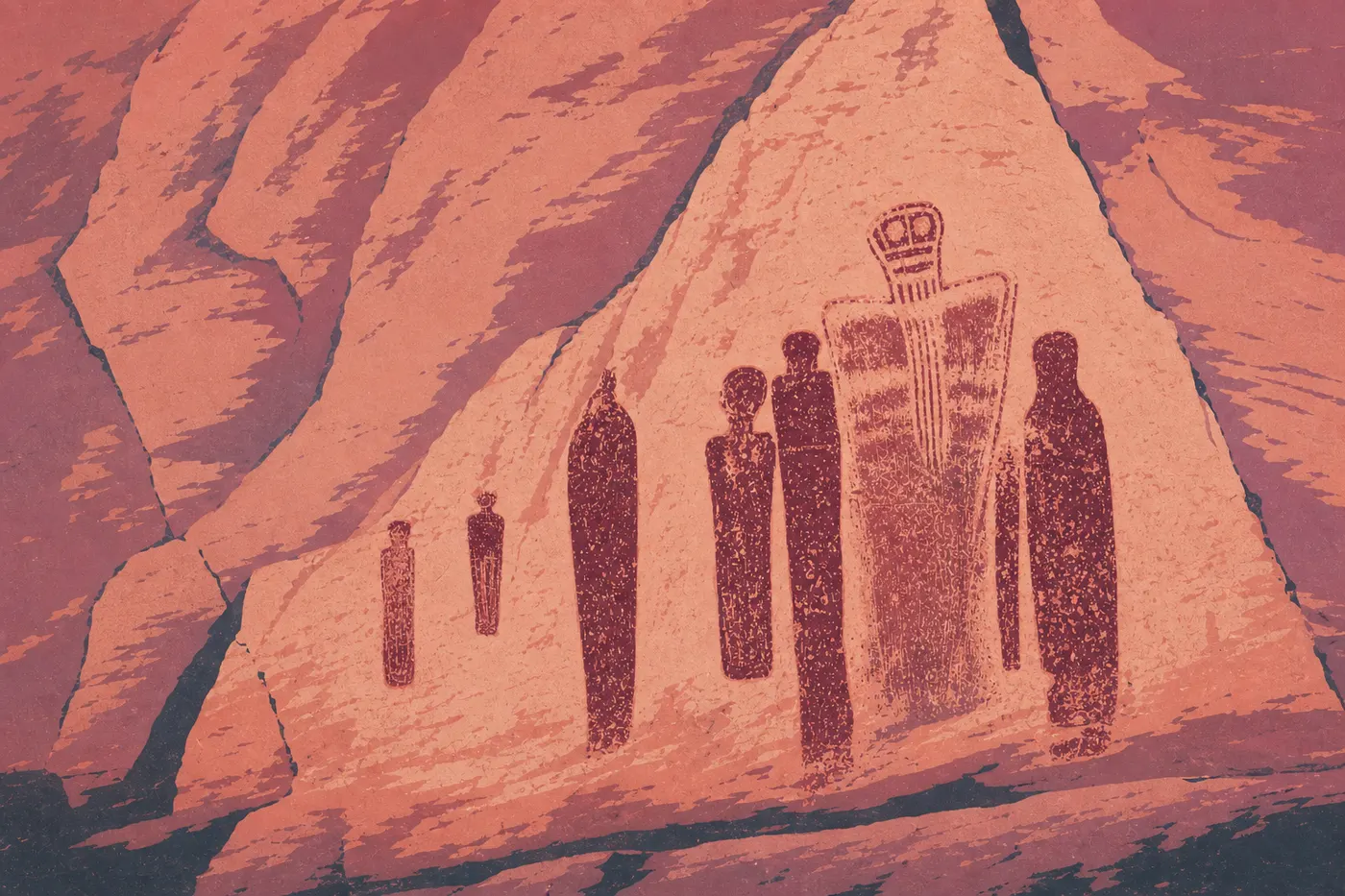 Illustration sérigraphiée : Les silhouettes peintes de la Great Gallery s'alignent sous la paroi rocheuse de Horseshoe Canyon.