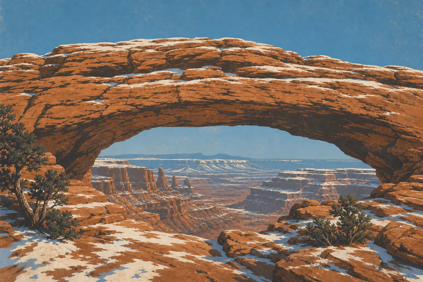 Screen-printed illustration: Mesa Arch and the plateaus of Island in the Sky appear dusted with snow beneath a blue sky.