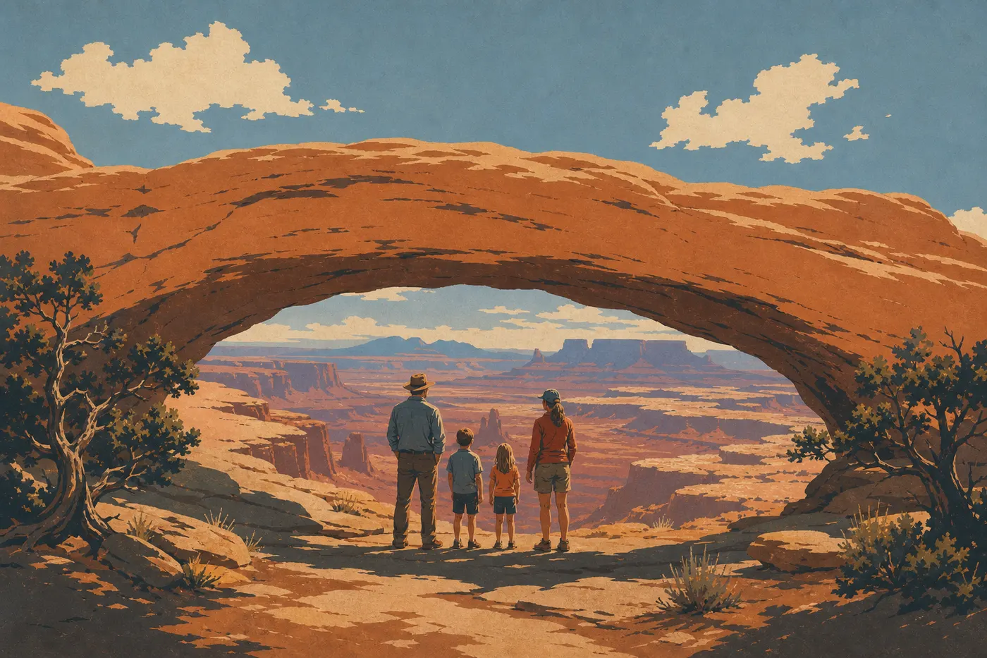 Illustration sérigraphiée : Une famille observe les canyons à travers Mesa Arch depuis le court sentier aménagé du belvédère.