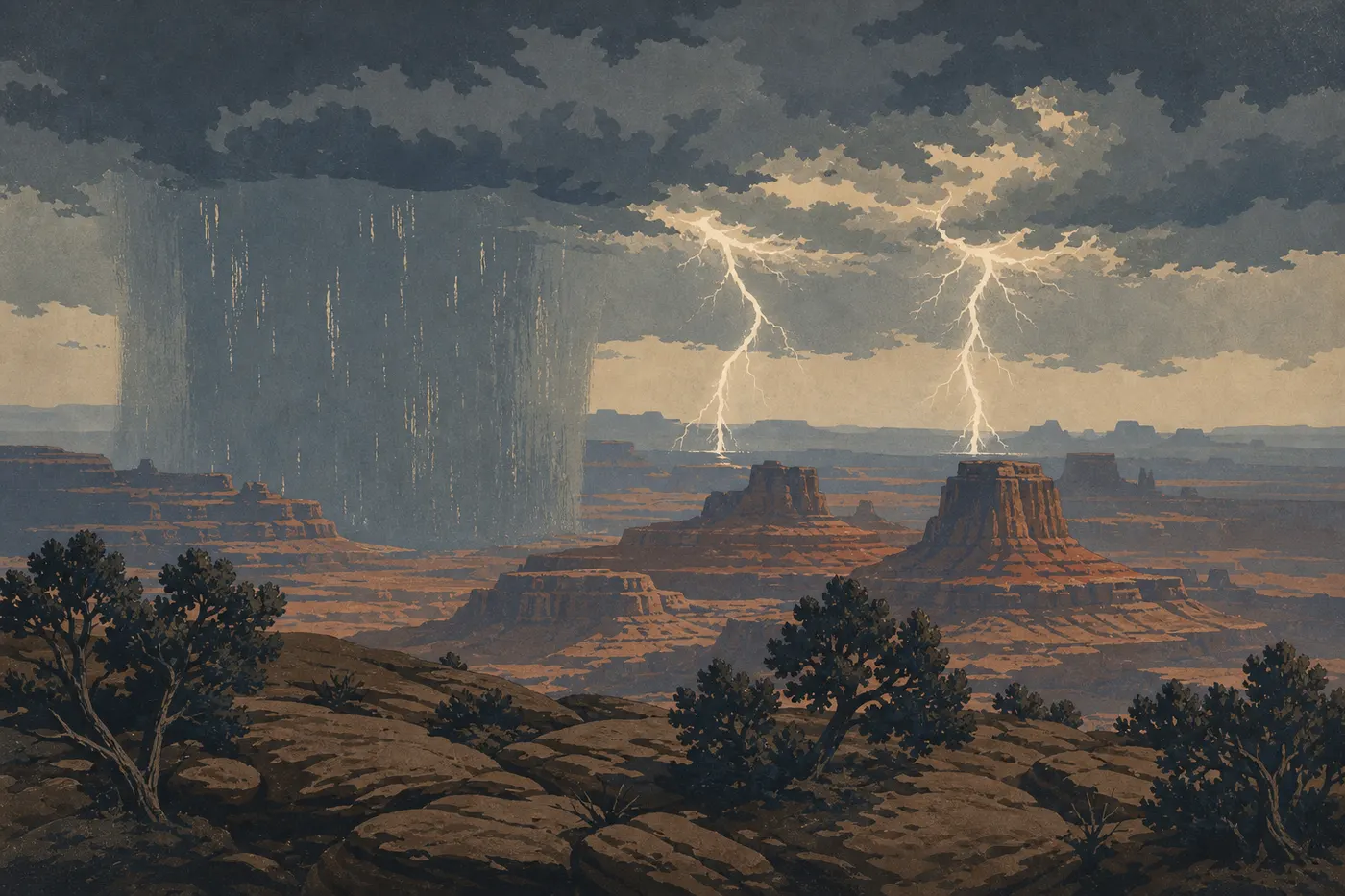 Illustration sérigraphiée : Un orage d'été projette pluie et éclairs au-dessus des buttes d'Island in the Sky.