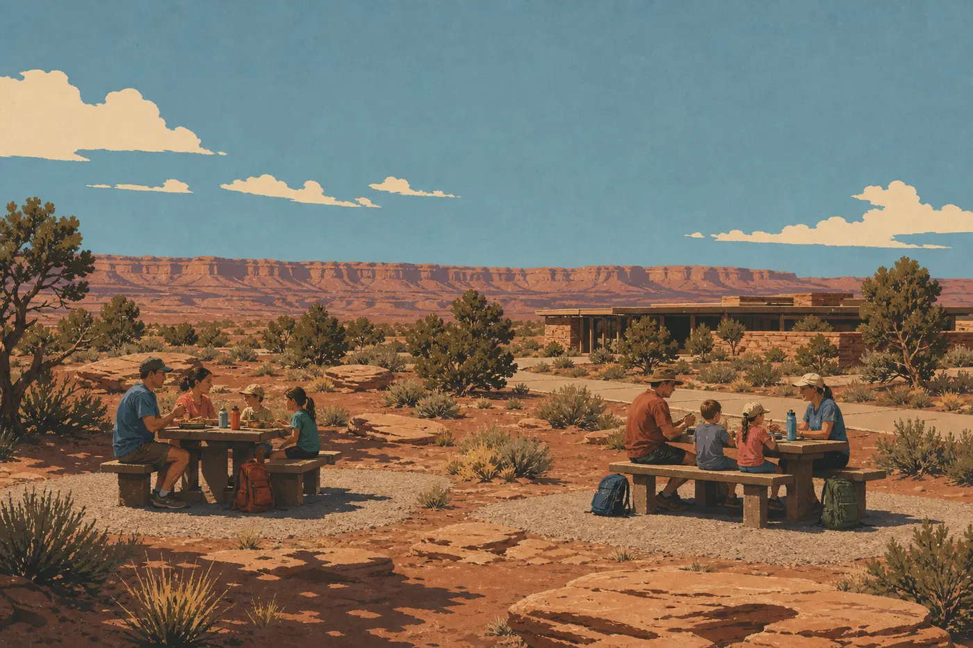 Illustration sérigraphiée : Des visiteurs déjeunent aux tables de pique-nique près du centre d'accueil Island in the Sky.