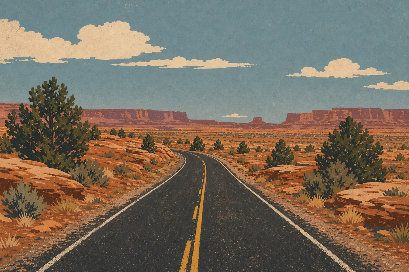 Illustration sérigraphiée : La route panoramique asphaltée d'Island in the Sky traverse genévriers et vastes plateaux de grès.