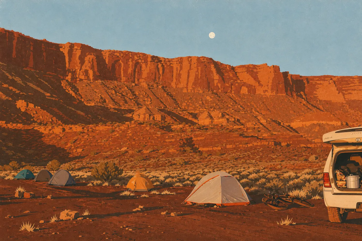 Illustration sérigraphiée : Tentes et véhicule de loisirs occupent un emplacement ombragé du terrain de camping Willow Flat.