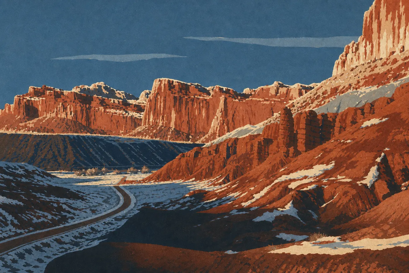 Screen-printed illustration: Winter (November through February): Silence and Cool Light