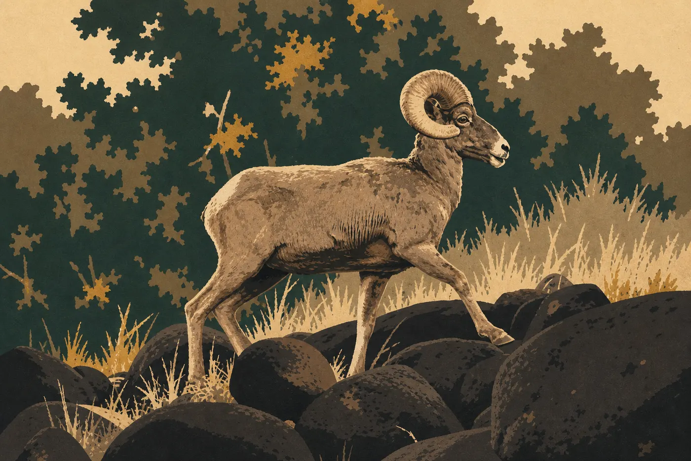 Screen-printed illustration: Desert Bighorn Sheep