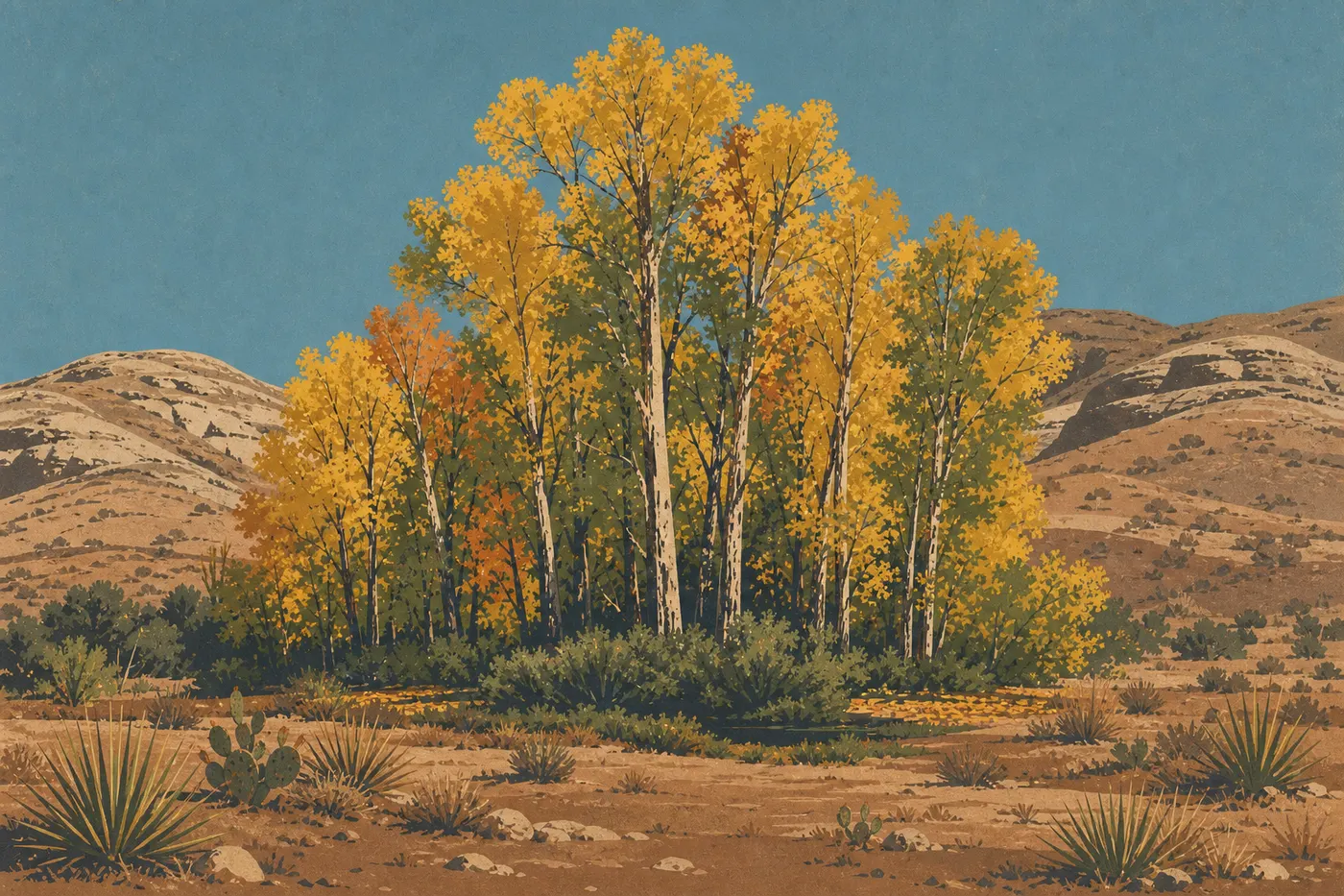 Screen-printed illustration: Golden cottonwoods at Rattlesnake Springs contrast with arid hills beneath a clear autumn sky