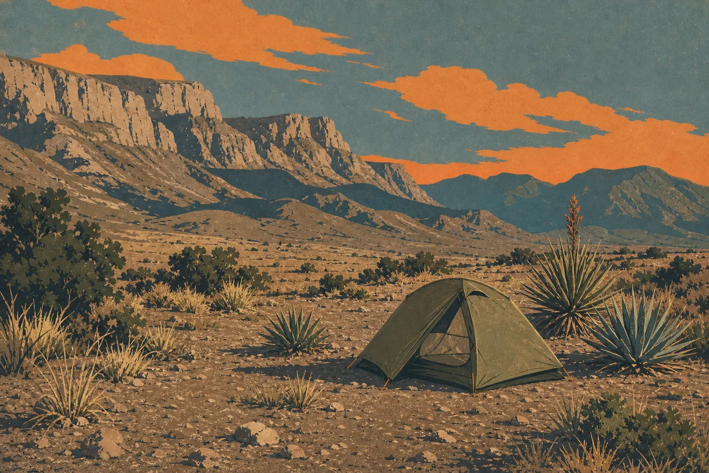 Illustration sérigraphiée : Une petite tente de randonnée se dresse parmi yuccas et genévriers dans l'arrière-pays désertique du parc