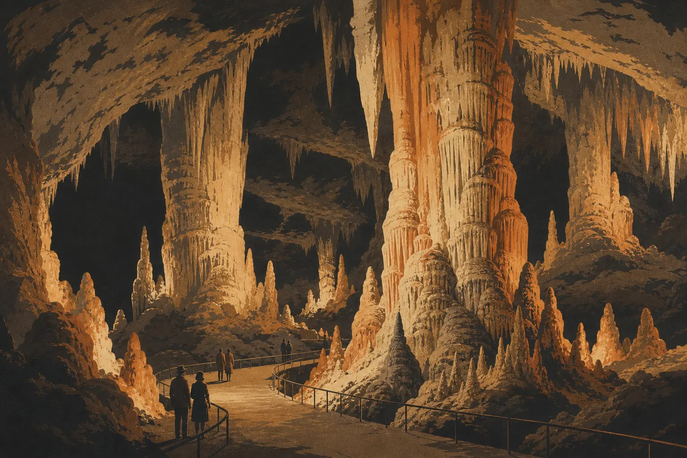 Illustration sérigraphiée : La Big Room révèle ses colonnes monumentales et son sentier aménagé sous une lumière chaude et diffuse