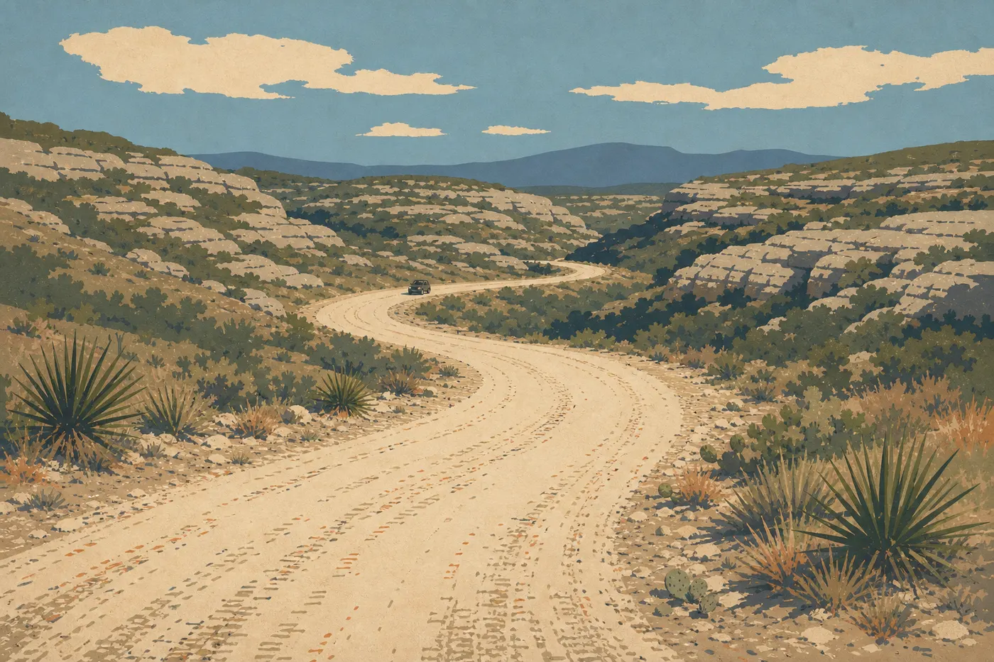 Illustration sérigraphiée : La piste de Desert Loop Road serpente parmi les yuccas et les collines calcaires du désert de Chihuahua