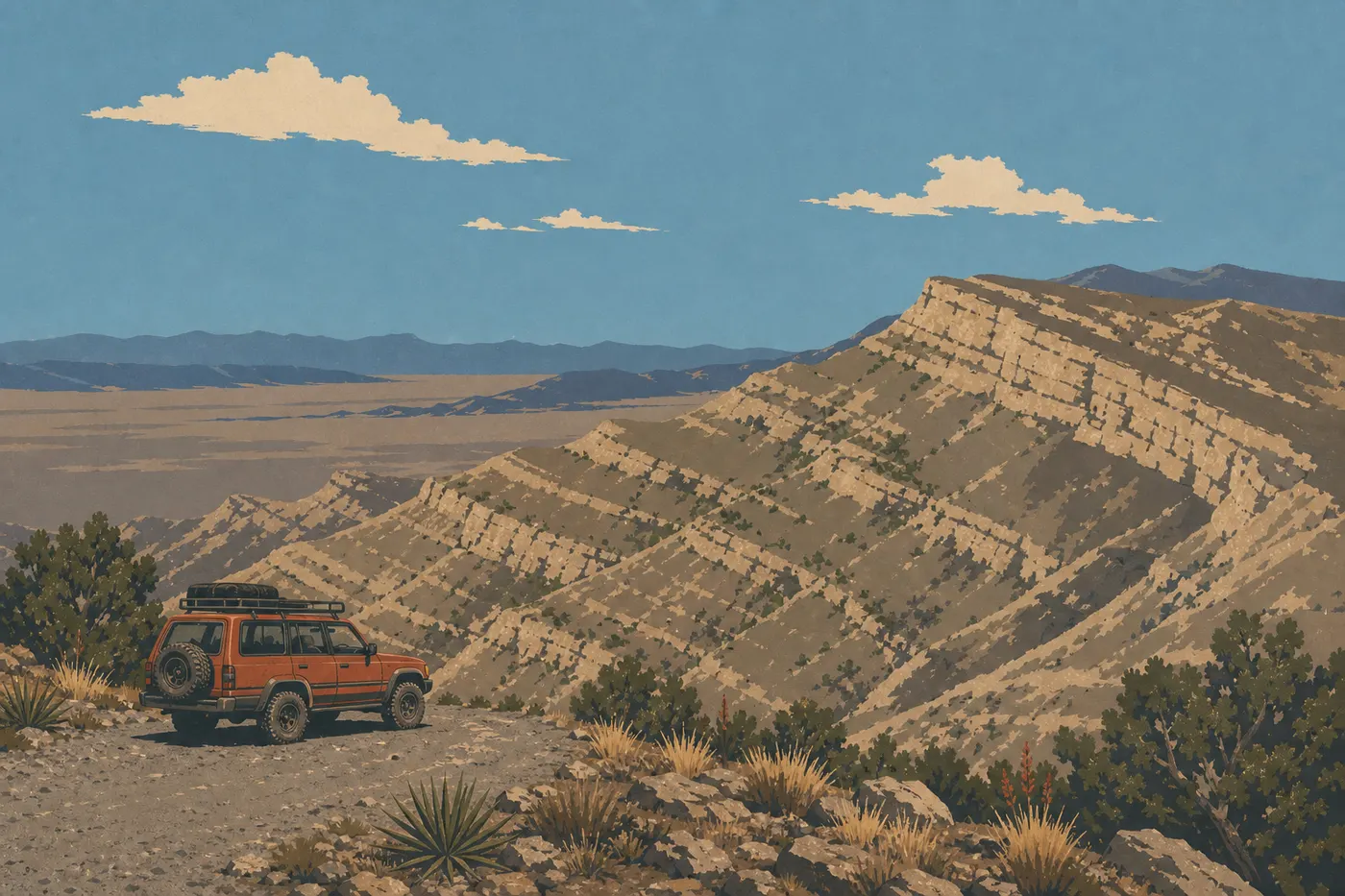 Illustration sérigraphiée : Un véhicule de randonnée stationne près de Guadalupe Ridge face aux vastes reliefs du désert de Chihuahua