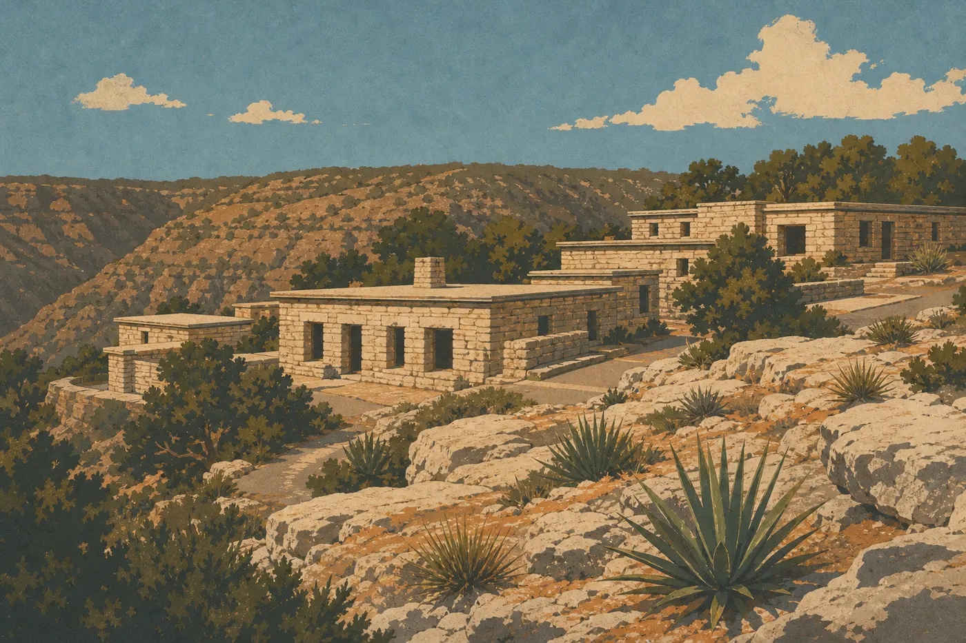 Illustration sérigraphiée : Les bâtiments en pierre du Caverns Historic District s'intègrent aux pentes arides de Walnut Canyon