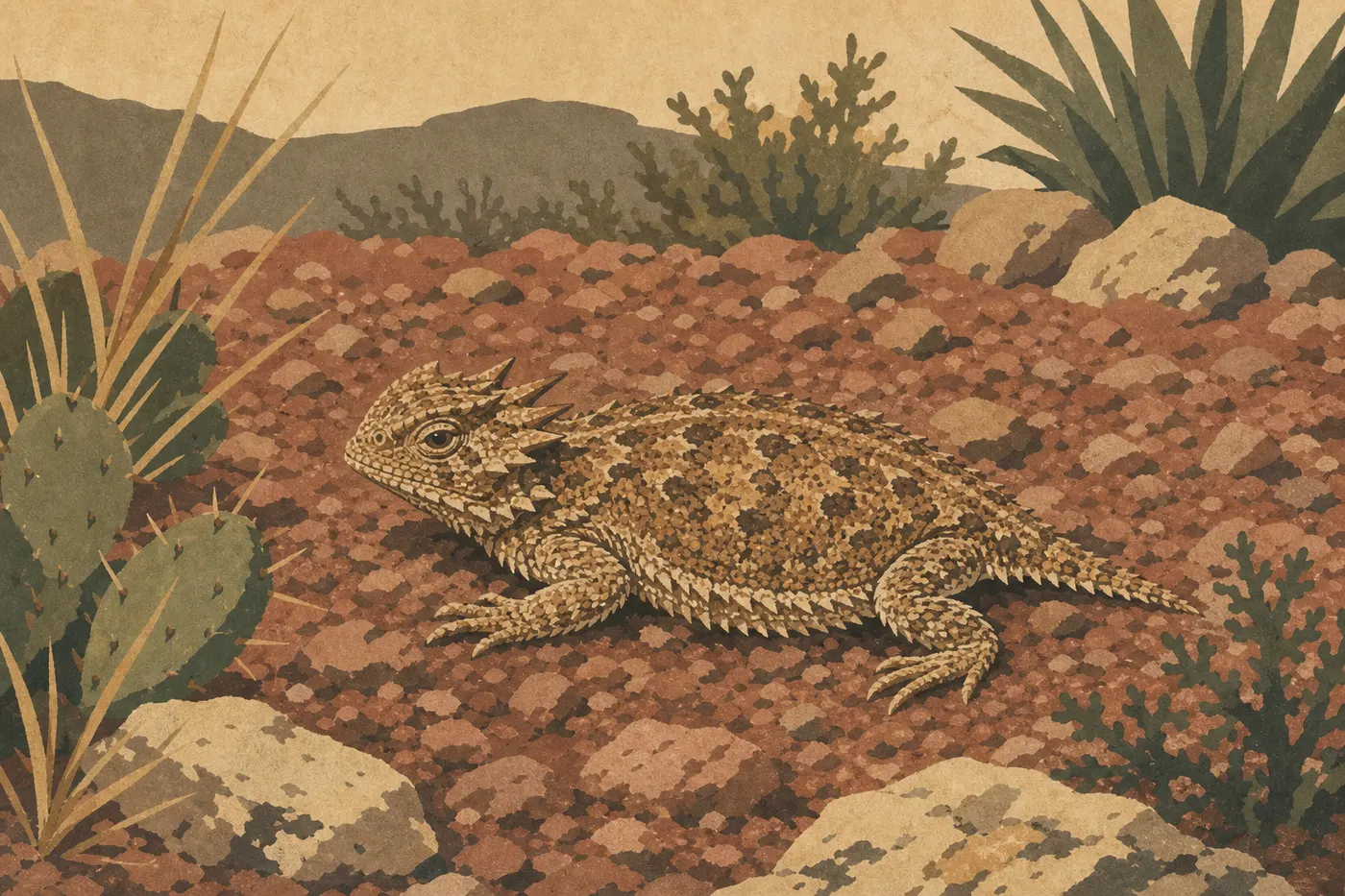 Illustration sérigraphiée : Un lézard à cornes du Texas se camoufle sur le gravier rouge entre cactus et herbes sèches