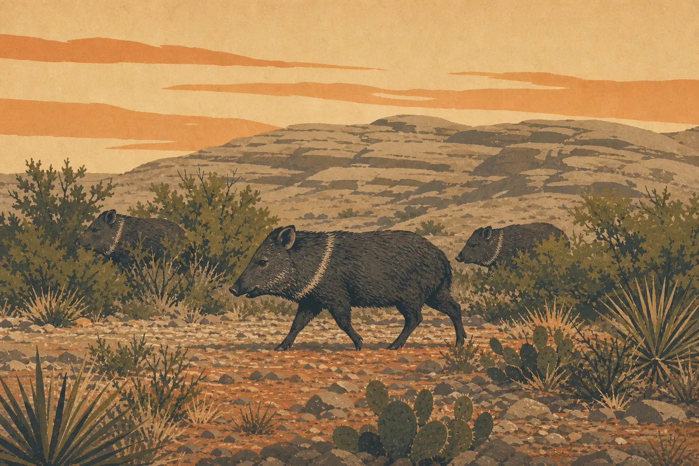 Screen-printed illustration: A group of collared peccaries crosses the thorny scrub of the Chihuahuan Desert in the early morning.