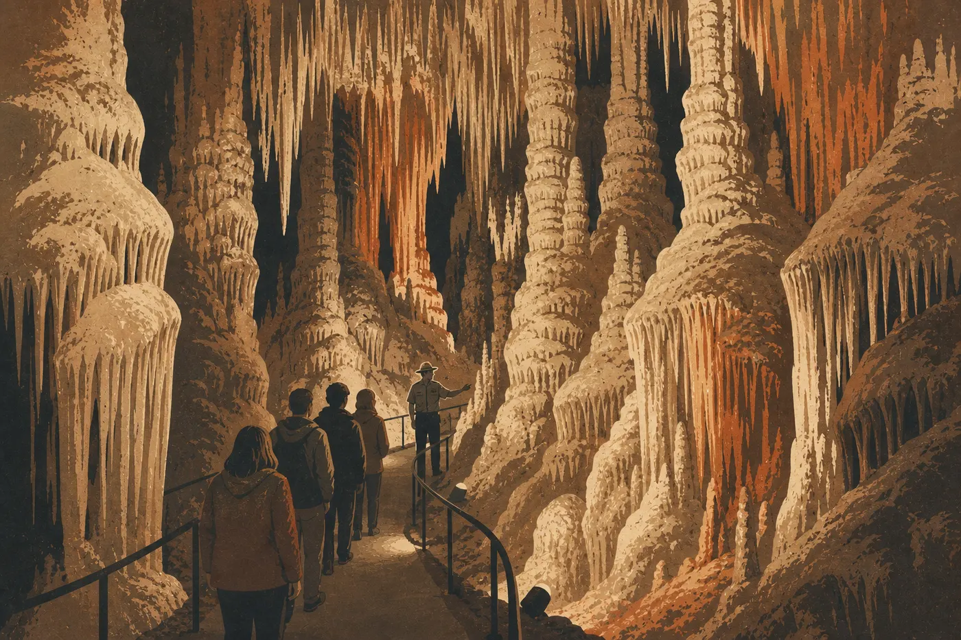 Screen-printed illustration: Dense formations in King’s Palace frame a guided passage deep inside the cave.